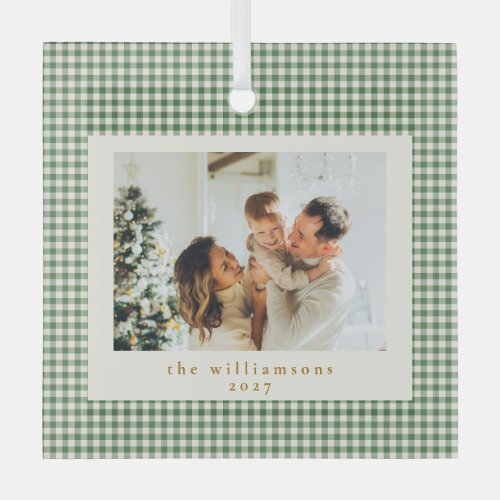 Cute Green Gingham Plaid Custom Photo Christmas Glass Ornament