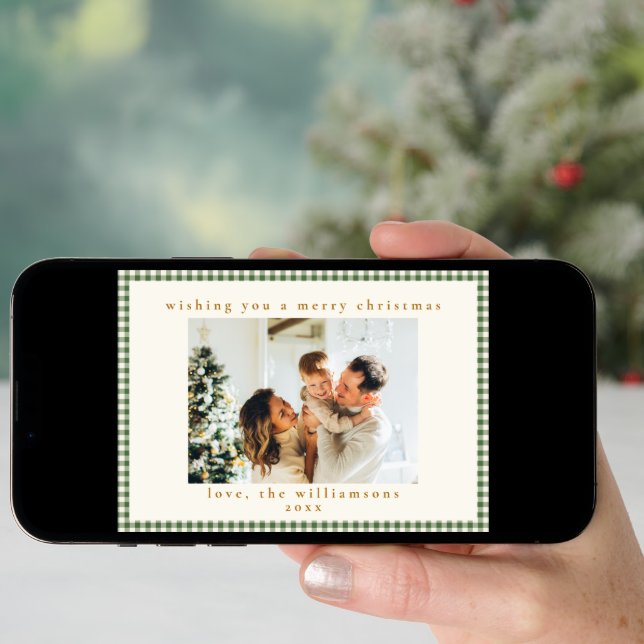 Cute Green Gingham Plaid Custom Photo Christmas Holiday Card (Front Digital)