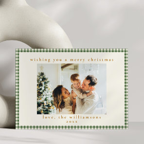 Cute Green Gingham Plaid Custom Photo Christmas Holiday Card