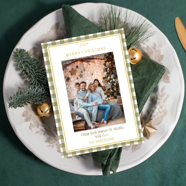 Cute Green Gingham Plaid Custom Photo Christmas Holiday Card (Creator Uploaded)