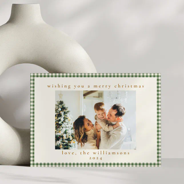 Cute Green Gingham Plaid Custom Photo Christmas Holiday Card
