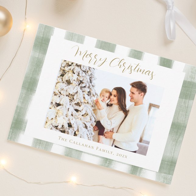 Cute Green Gingham Plaid Custom Photo Christmas Holiday Card (Elegant Cute Green Gingham Plaid Custom Photo Merry Christmas Card - Chic vintage style holiday card)