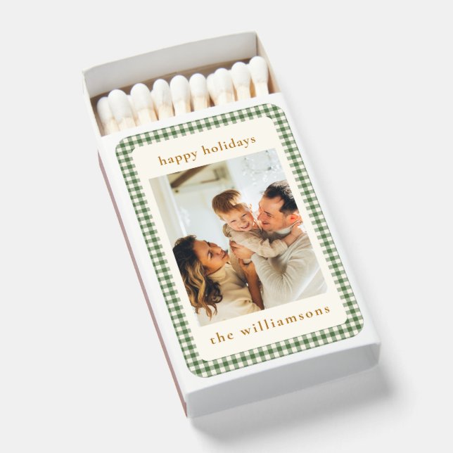 Cute Green Gingham Plaid Custom Photo Christmas Matchboxes (Front Open)