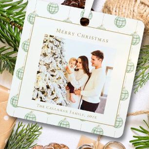Cute Green Gingham Plaid Custom Photo Christmas Metal Ornament