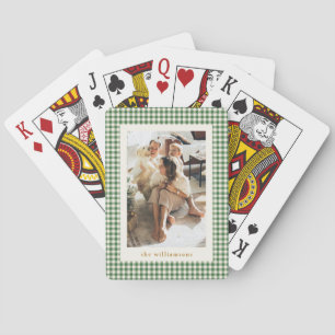 Cute Green Gingham Plaid Custom Photo Christmas Poker Cards