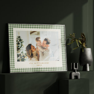 Cute Green Gingham Plaid Custom Photo Christmas Poster