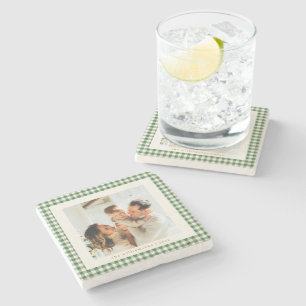 Cute Green Gingham Plaid Custom Photo Christmas Stone Coaster