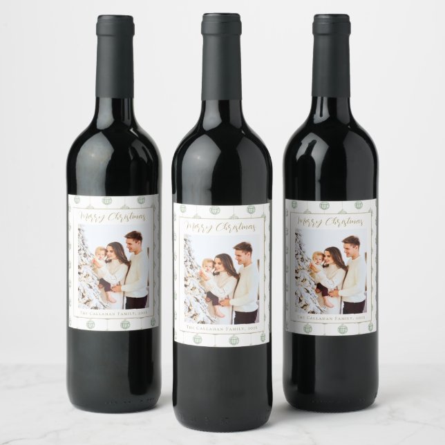 Cute Green Gingham Plaid Custom Photo Christmas Wine Label (Bottles)