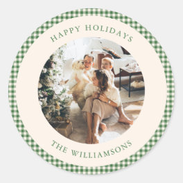 Cute Green Gingham Plaid Custom Photo Greeting Classic Round Sticker