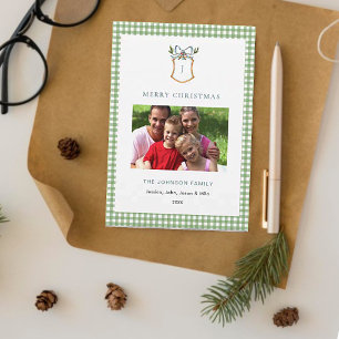 Cute Green Gingham Plaid Monogrammed Christmas Holiday Card