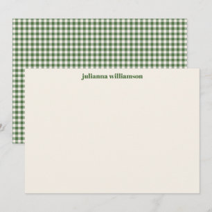 Cute Green Gingham Plaid Personalized Stationery Note Card