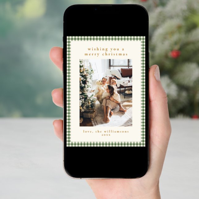 Cute Green Gingham Plaid Portrait Photo Christmas Holiday Card (Front Digital)