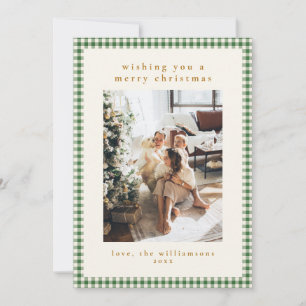 Cute Green Gingham Plaid Portrait Photo Christmas Holiday Card