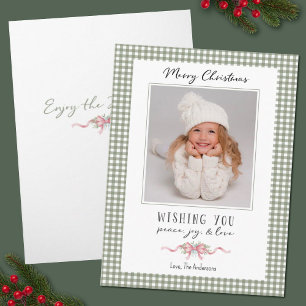 Cute Green Gingham Plaid Preppy Christmas Photo Holiday Card