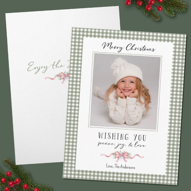 Cute Green Gingham Plaid Preppy Christmas Photo Holiday Card (A pretty green gingham photo Christmas Holiday folded Card. Personalize it with your photo and info.)