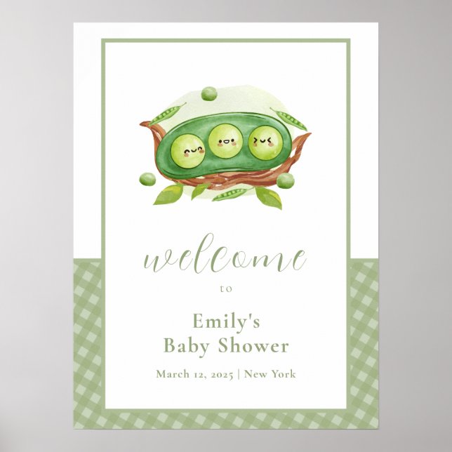 Cute Green Gingham Sweet Pea Baby Shower Welcome Poster (Front)