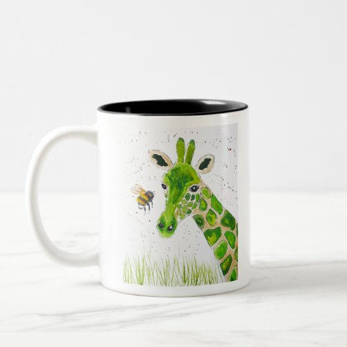 Cute Green Giraffe and a bumble bee Two_Tone Coffee Mug