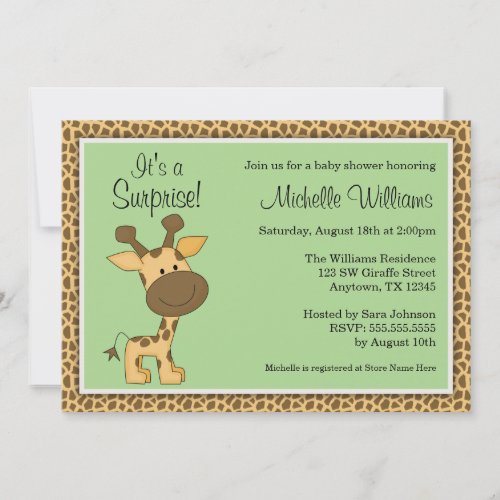 Cute Green Giraffe Gender Neutral Baby Shower Personalized Invitation