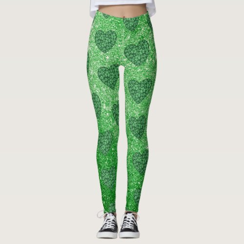 Cute Green Glitter St Patricks Day Shamrock Hearts Leggings