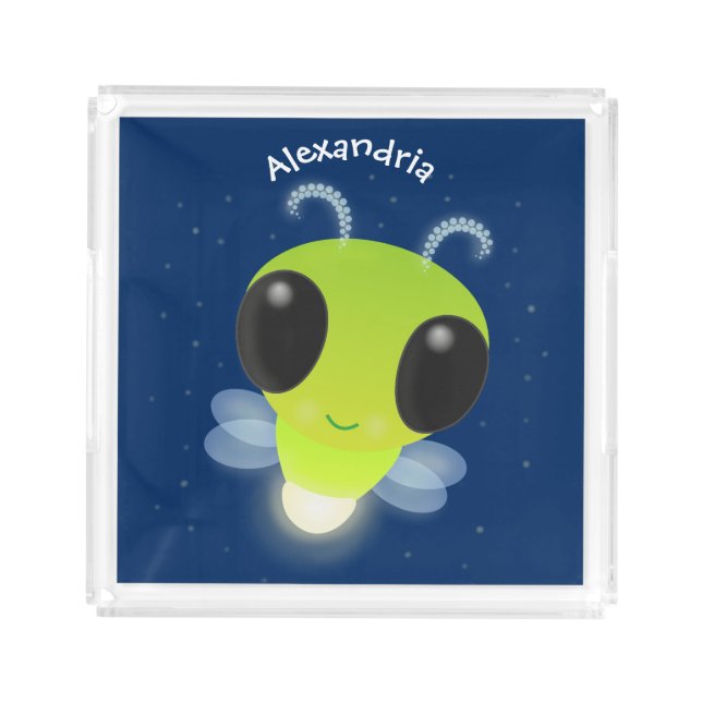 Cute green glow bug firefly cartoon illustration acrylic tray (Front)