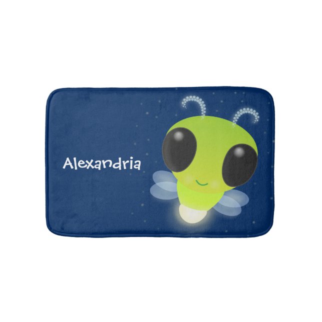 Cute green glow bug firefly cartoon illustration bath mat (Front)