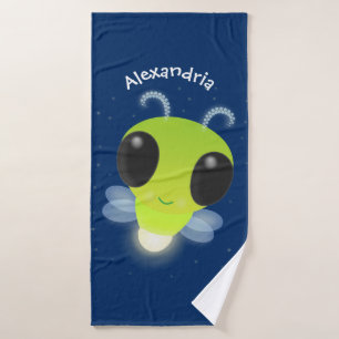 Cute green glow bug firefly cartoon illustration bath towel set