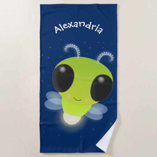 Cute green glow bug firefly cartoon illustration beach towel