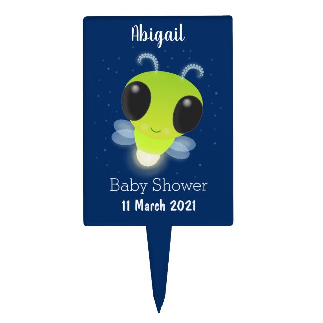 Cute green glow bug firefly cartoon illustration cake topper (Front)