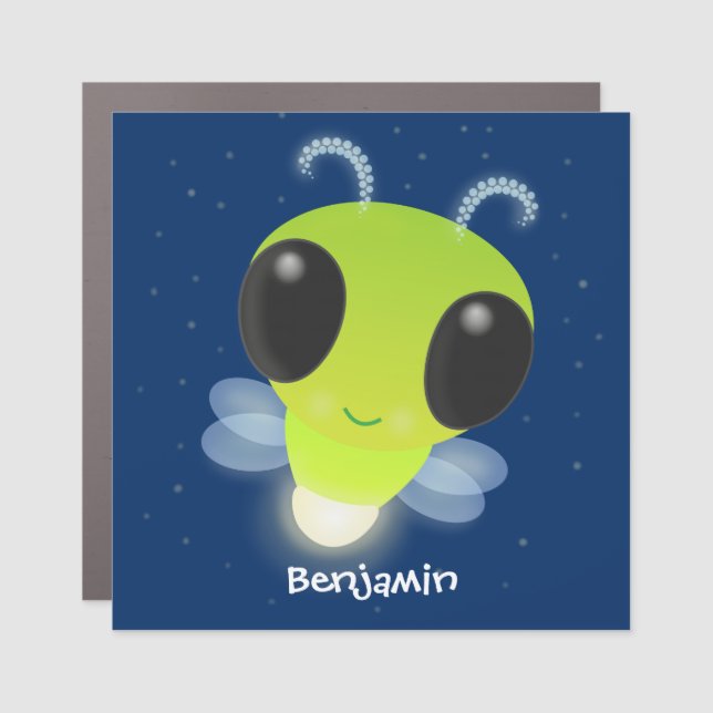 Cute green glow bug firefly cartoon illustration car magnet (Front)