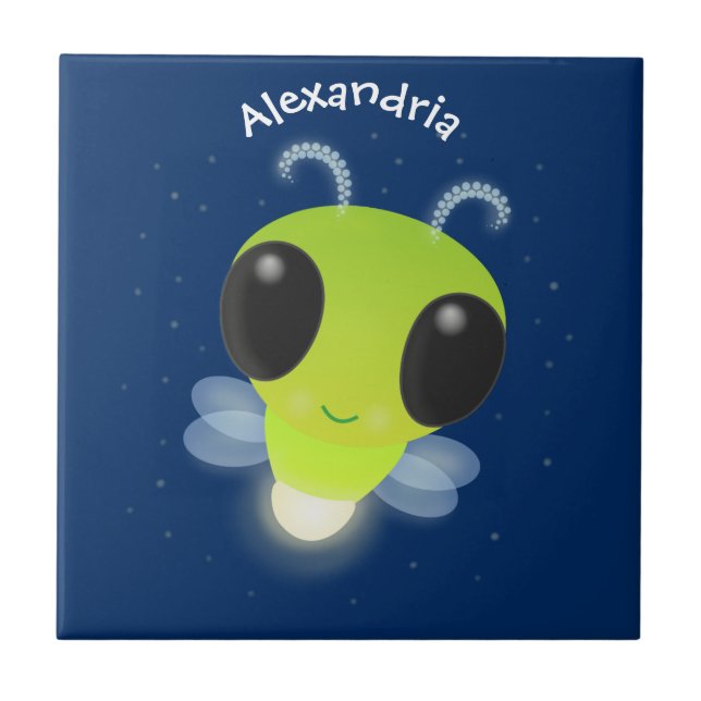 Cute green glow bug firefly cartoon illustration ceramic tile (Front)