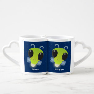 Cute green glow bug firefly cartoon illustration coffee mug set