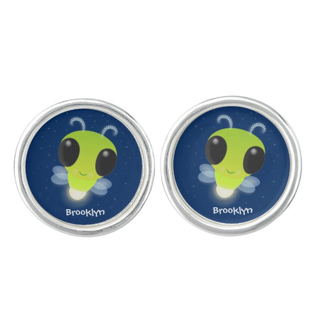 Cute green glow bug firefly cartoon illustration cufflinks (Front)