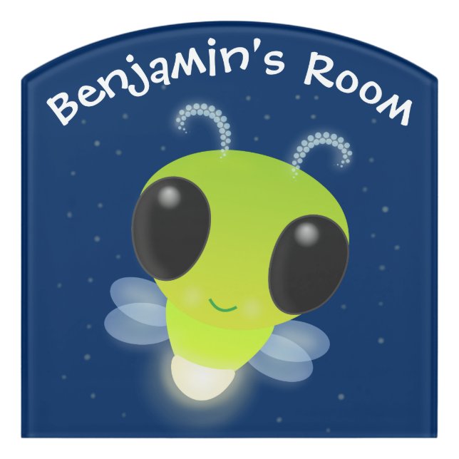 Cute green glow bug firefly cartoon illustration door sign (Contour Front)