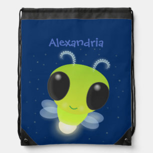 Cute green glow bug firefly cartoon illustration drawstring bag