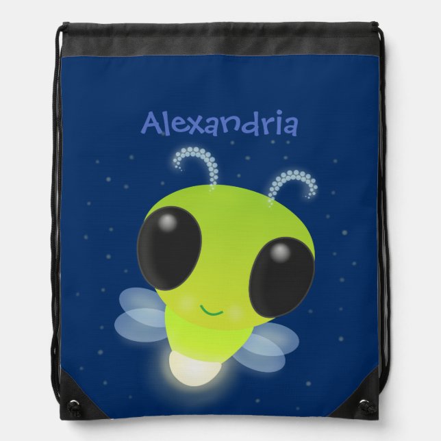 Cute green glow bug firefly cartoon illustration drawstring bag (Front)