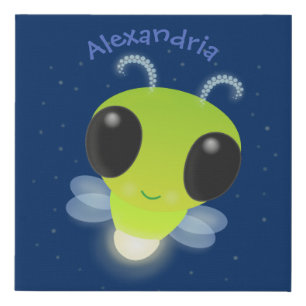 Cute green glow bug firefly cartoon illustration faux canvas print
