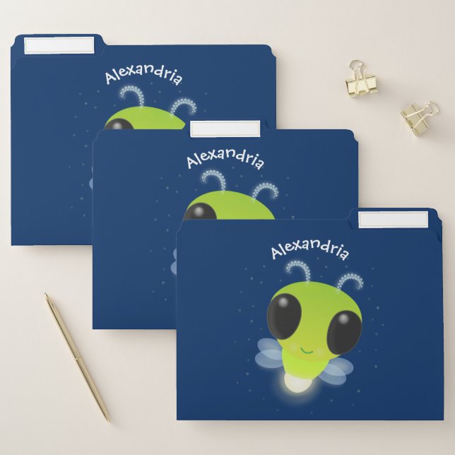 Cute green glow bug firefly cartoon illustration file folder (Set)