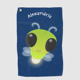 Cute green glow bug firefly cartoon illustration golf towel
