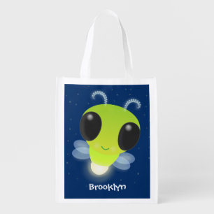 Cute green glow bug firefly cartoon illustration grocery bag