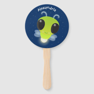 Cute green glow bug firefly cartoon illustration hand fan