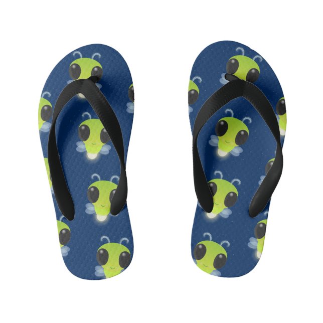 Cute green glow bug firefly cartoon illustration kid's flip flops (Footbed)