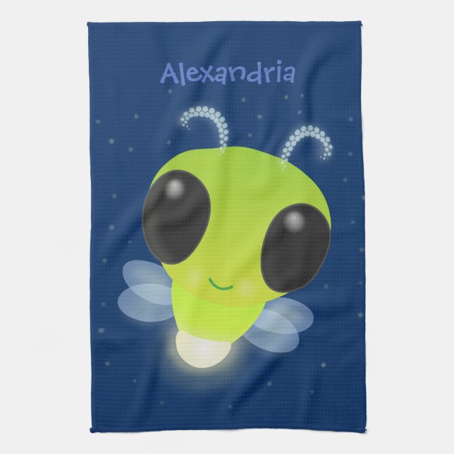 Cute green glow bug firefly cartoon illustration kitchen towel (Vertical)