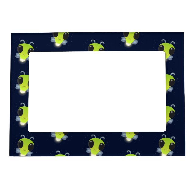 Cute green glow bug firefly cartoon illustration magnetic frame (Front)