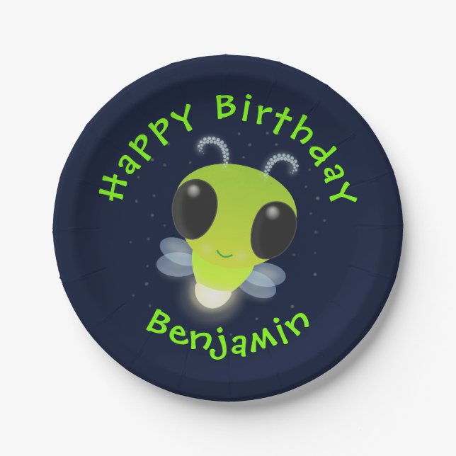 Cute green glow bug firefly cartoon illustration paper plates (Front)