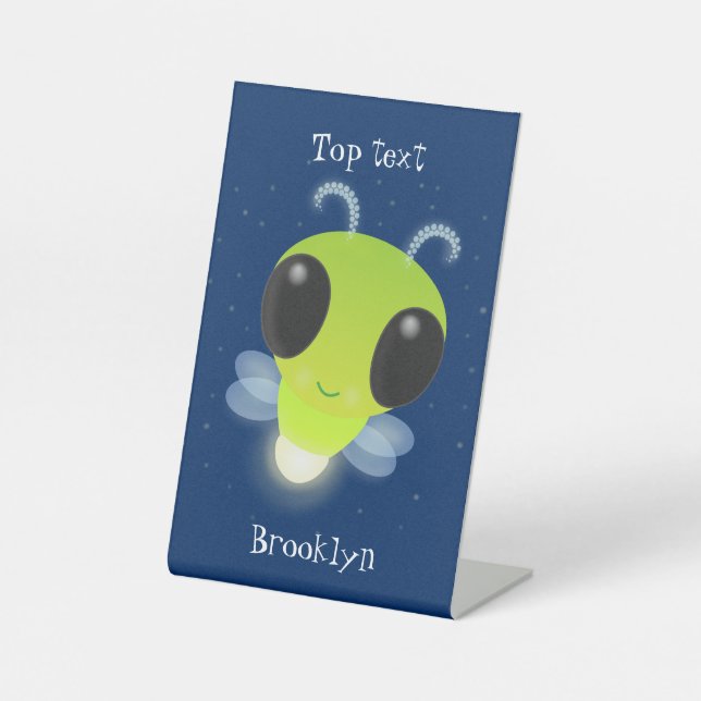 Cute green glow bug firefly cartoon illustration pedestal sign (Front)