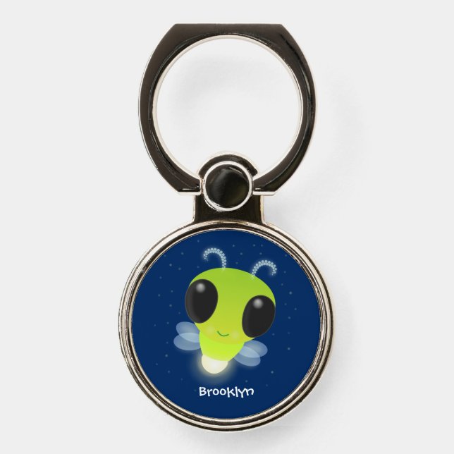 Cute green glow bug firefly cartoon illustration phone ring stand (Front)