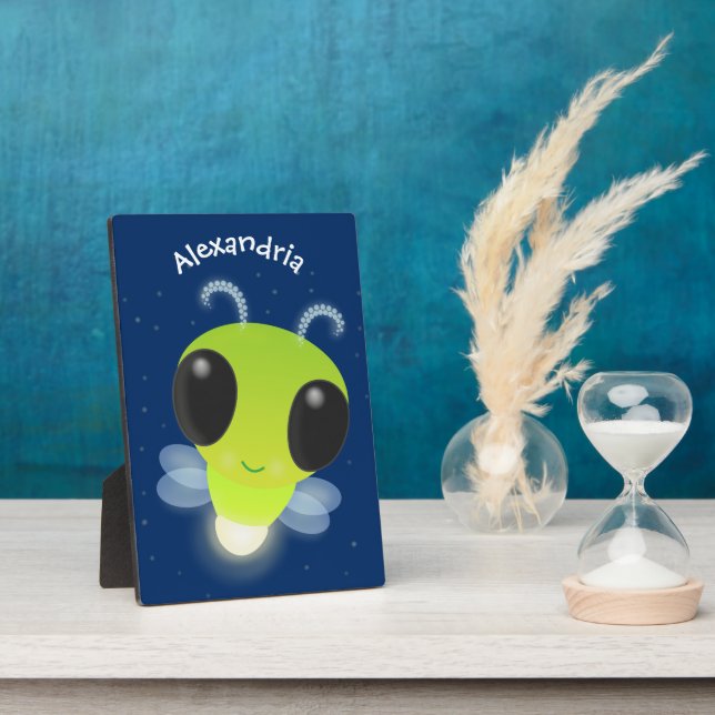 Cute green glow bug firefly cartoon illustration plaque (Side)