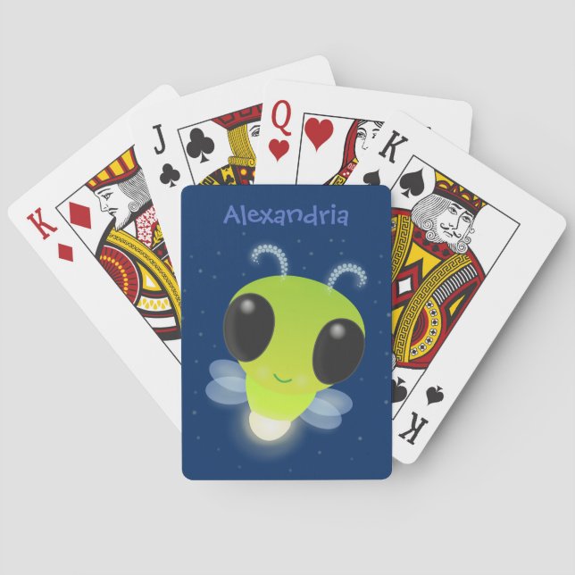 Cute green glow bug firefly cartoon illustration poker cards (Back)