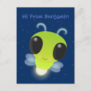 Cute green glow bug firefly cartoon illustration postcard