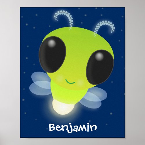 Cute green glow bug firefly cartoon illustration poster